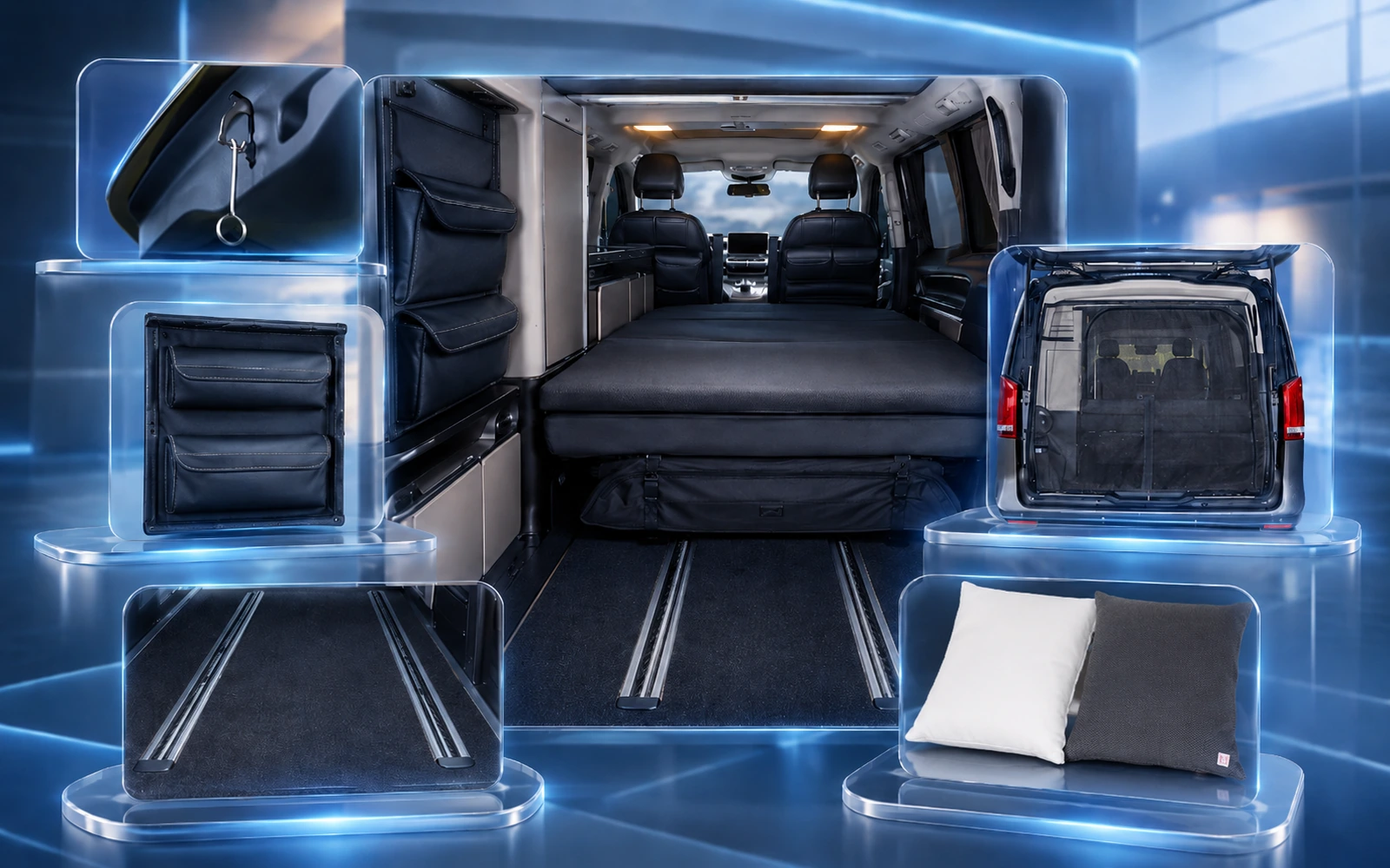 Westfalia Camper Innenraum mit Schlafbett, Schienensystem und praktischem Campingzubehör wie Taschen, Hecknetz und Kissen in moderner Präsentation.